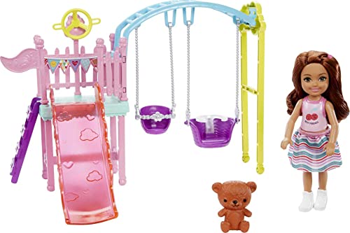 Barbie Club Chelsea Doll and Swing Set Playset with 2 Swings and Slide, Plus Teddy Bear Figure, Gift for 3 to 7 Year Olds