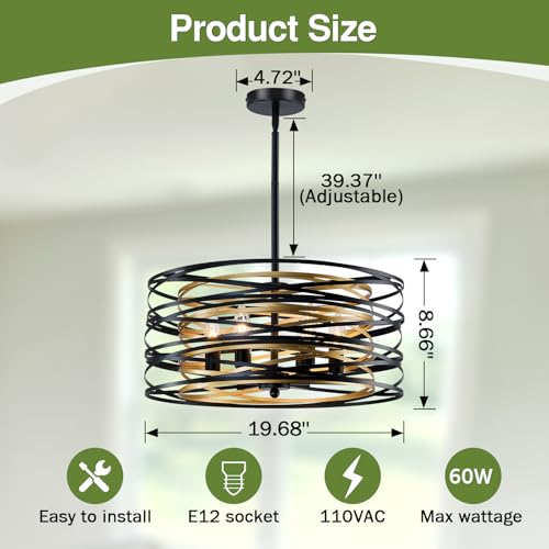 Image of 6- Light Chandeliers Industrial Metal Hanging Light Fixture 19 Inch Farmhouse Chandeliers for Dining Room Black and Gold Pendant Light for Entryway Kitchen Foyer Bedroom