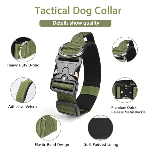 Ledeak Taktisches Hundehalsband mit Griff, Verstellbares Anti Zieh Breites Hunde Halsband Gepolstert, Dog Collar mit Metallschnalle erziehungshalsband für Hunde (Armeegrün, XL)