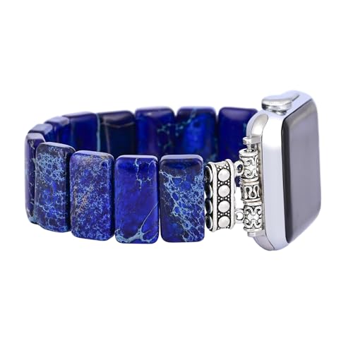 Boho Jasper Stretch Watch Band: Handmade Bohemian Natural Stone Smartwatch Stretch Beaded Bands iWatch Strap Compatible with Apple Watch 38mm/40mm/41mm/42mm/44mm/45mm Boho Imperial Jasper Natural Energy Stone Gemstone (38mm-41mm L size(6.5"-7.0"), Blue Emperor Stone) by DAFARACODE - Used condition - Image 5