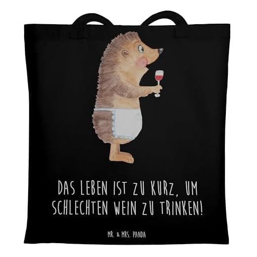 Mr. & Mrs. Panda Stofftasche, Beutel, Tragetasche Igel mit Wein mit Spruch - Farbe Schwarz