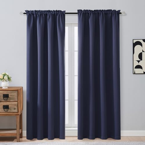 Image of Navy Blue Blackout Curtains 84 Inches Long 2 Panels Set, Solid Thermal Insulated Soft Blackout Curtains for Bedroom, Dual Rod Pocket Window Treatments Drapes for Living Room, 2x50Wx84L Inches