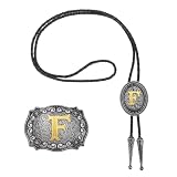 QUARKZMAN 2 Pcs Western Cowboy Bolo Tie And Belt Buckle Set Golden Initial Letter F Cowhide Rope Necktie Pour Women Men Costume Traditional Vintage Accessories, Grey Black/Gold
