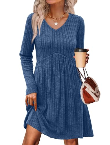 OFEEFAN Fall Dresses for Women 2025 Fashion Clothing Wedding Guest Dress School Outfits Cowboy Chic Holiday Dresses V Neck Maternity Dress Blue L