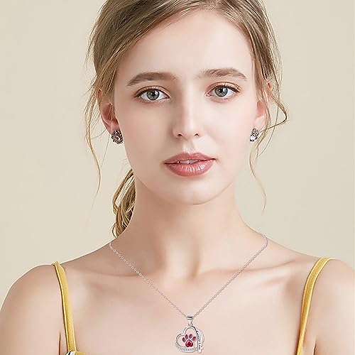 Arrebol Tier Pfotenabdruck Kette Sterling Silber 925 Damen Pfoten Halskette Herz Anhänger mit Hund Pfote Drucken Verstellbar Ketten |45cm+5| Für Mutter Freundin Mädchen Frauen Schmuck Geschenk