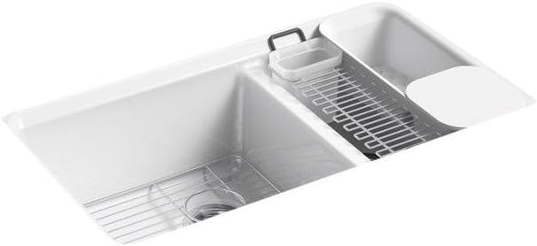 Riverby® 33" Offset Undermount Kitchen Sink, 9" Deep Large/Medium Double-Bowl, Kitchen Sinks with Accessories and 5 Faucet Holes, K-8669-5UA3-0, White