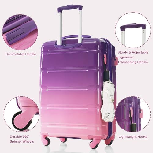 Durable 3-Piece Luggage Set with USB Port - 20-Inch Airline Approved Carry-On in Purple and Pink3