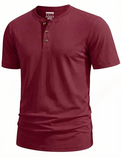 TACVASEN Henley Shirts for Men Soft Cotton Short Sleeve T Shirts for Men Summer Quick Dry Tshirt for Men Adult Wine Red L