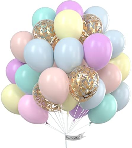 PartyWoo Pastel Balloons, 60 pcs 12 Inch Pastel Latex Balloons, Gold Glitter Balloons, Pastel Colour Balloons for Pastel Party Decorations, Pastel Birthday Decorations, Pastel Rainbow Party Supplies