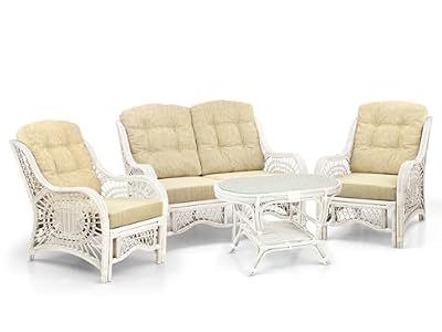 SunBear Furniture Malibu Lounge Set of 2 Natural ECO Rattan Wicker Chairs, Loveseat with Cream Cushion and Coffee Table w/Glass Handmade, White Color