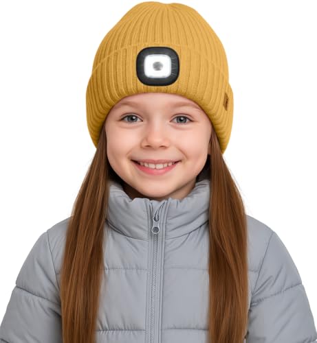 ATNKE Kids LED Lighted Lined Fleece Beanie Cap, USB Rechargeable 4 LED Run Headlamp Bright Hat Gifts for Boys and Girls