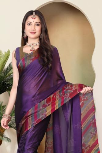 Image of SUPERLAXMI Women's Chiffon Floral Printed Saree with Blouse Piece