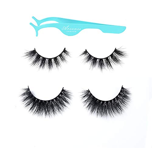 2 Pairs Fluffy Mink Eyelashes 2 Styles 100% Siberian 3D Natural Look Hand-made Luxury Fashion Fake Lashes + EyeLashes Tweezers（3D2001）