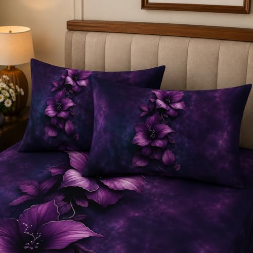 Image of 7D Digital Printed King Size Bedsheet with 2 Pillow Covers | Soft Premium Cotton Feel Microfiber Double Bed Bedsheet | Breathable, Wrinkle Free & Fade Resistant | (Purple, KingSize-225x250CM)
