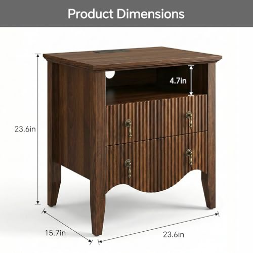 Image of FUSUNBAO Set of 2 Nightstands with Charging Station&2 Fluted Drawers,Walnut | Vintage Bedside Table, 2 Fluted Drawers and Open Shelf, Rustic End Table, Power Outlet and USB Ports, For Bedroom