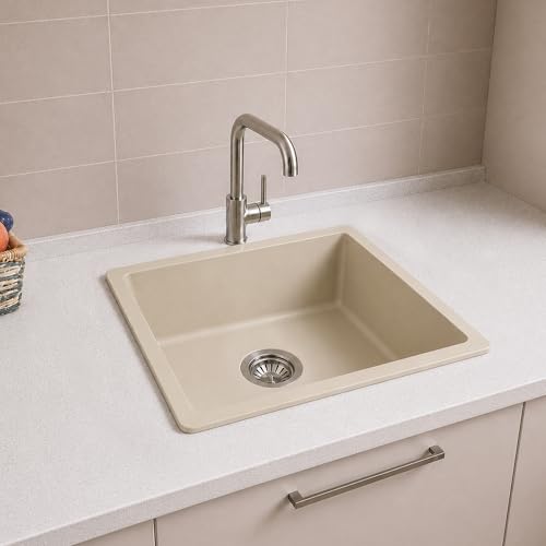 Image of Carissa By Carysil Titanium Max Quartz Kitchen Sink 21 x 18 x 8 inches, Single Bowl Granite Sink with 80% Quartz & 20% Resin, Heat Resistant 300C, 50kg Load Bearing, Stain Resistant - Off White
