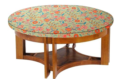 Image of The Furnishing Tree Elastic Cotton Round Center Table Cover 28 in Inches Floral Multicolor on Green Base