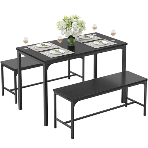 DUMOS Dining Table, Dining Table Set for 4 with Bench, Easy to Assemble Kitchen Table, Space-Saving Ideal 4-Person Set for Dining Room Kitchen Apartment Corner Black 3 Pack - Image 3