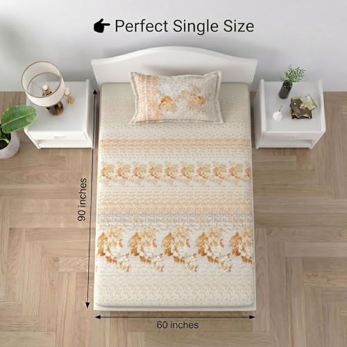 Image of Mafatlal Spring Glory Cotton Single Bedsheet Combo Pack of 2 with Pillow Covers | 180 TC Soft Breathable Fabric | Lightweight Everyday Comfort Single Bed Sheets|Orange Peel & Floral Blue