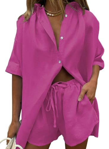Image of Fixmatti Women 2 Piece Outfits Long Sleeve Button Down Blouse and Shorts Sweatsuit Sets