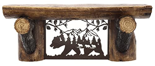 Top Brass Rustic Wooden Sawn Log Look Wall Shelf with Metal Bear Wilderness Art Scene - Unique Design - Cabin, Lodge Decor