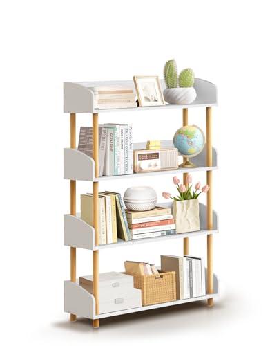 OUTONLIFE Estantería Abierta Moderna de 4 Niveles Blanca, Independiente con Marco de Madera Maciza y Borde Superior, Mueble de Almacenamiento Versátil para Sala, Dormitorio y Habitación Infantil