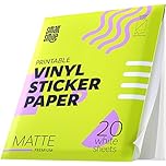 Premium Printable Vinyl Sticker Paper for Inkjet Printer and Laser - 20 White Matte Sticker Paper Waterproof - Durability Adhesive Paper 8.5 x 11, Fast Dry, Holds Ink Well, Great for Cutting Machines