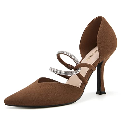 Tinstree Brown Pumps For Women,D'orsay Pumps High Heels Slip On Dress Sudue V Cut Sexy Dressy Closed Toe High Heels Strappy Rhinestone Slingback Dress Wedding Party Dress Shoes 3 Inches Brown, 06 #TOP25
