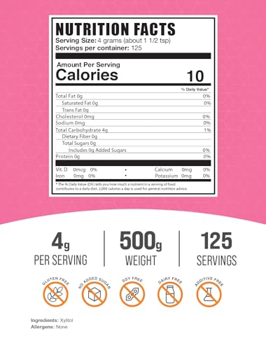BulkSupplements.com Xylitol Powder - Xylitol Sweetener, Sugar Substitute For Baking & Cooking - Low Calorie & Gluten Free, 4g per Servings, 500g (1.1 lbs) (Pack of 1)