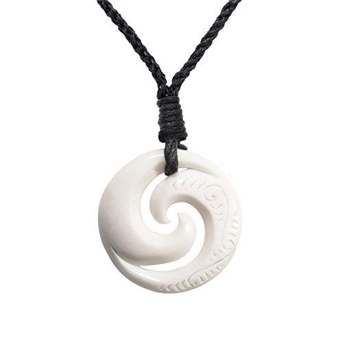 Collier en Os Double Koru Pendentif Maori Gravé Collier Surfeur Rond Spirale