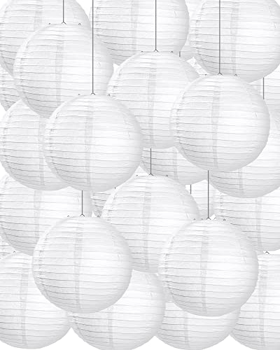 Treela 30 Pack White Chinese Japanese Paper Lanterns Decorative Hanging Round Paper Lantern Lamps for Wedding Birthday Party Decorations (10 Inch)