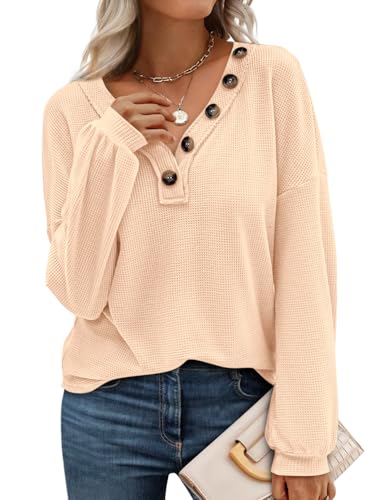 BTFBM Womens Fall Fashion 2025 Long Sleeve Shirts Spring V Neck Loose Casual Deco Button Lightweight Waffle Knit Tops(Apricot, Medium)