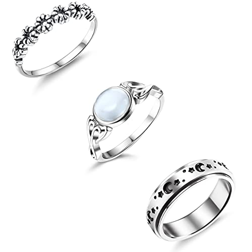 HANPABUM 3 PCS Stainless Steel Fidget Band Ring for Women Stress Relief Spinner Rings Moonstone Solitaire Ring Daisy Flower Ring Set