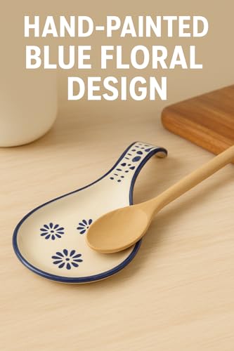 Image of Maya | Hand-Painted Ceramic Spoon Rest - Blue Floral Design, Large Cutlery Holder for Kitchen & Tableware, Pack of 2 (Blue)