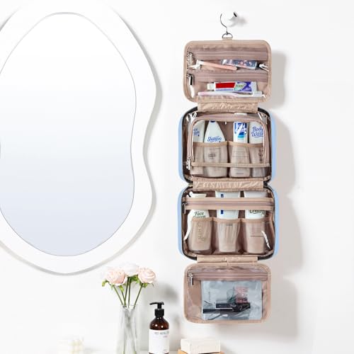 Image of NISHEL Travel Toiletry Bag for women, Portable Hanging Organizer for Travel-Sized Shampoo, Conditioner, Brushes Set, Makeup Accessories, Medium Size, Placid-Blue
