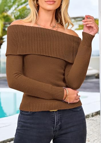 PRETTYGARDEN Off The Shoulder Sweater for Women 2025 Fall Fashion Cute Long Sleeve Tops Winter Ribbed Pullover Knit Outfits
