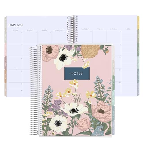 8.5x11 Coiled Monthly Planner (January 2026 - December 2026) - Bouquet classic cover, Pastel Minimal theme, platinum coil