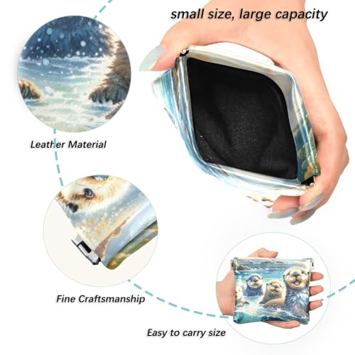Sea Otters Watercolor Coin Purse Leather Pouch Change Purse, Squeeze Coin Pouch for Cards, Keys & Lipsticks, Unisex2
