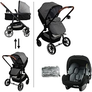 Nania - Travel System 3 in 1 - Romy Pushchair + BEONE car seat (GRP 0+) Recommended 4 Stars ADAC - Leg Cover and rain Cover - (Grey)