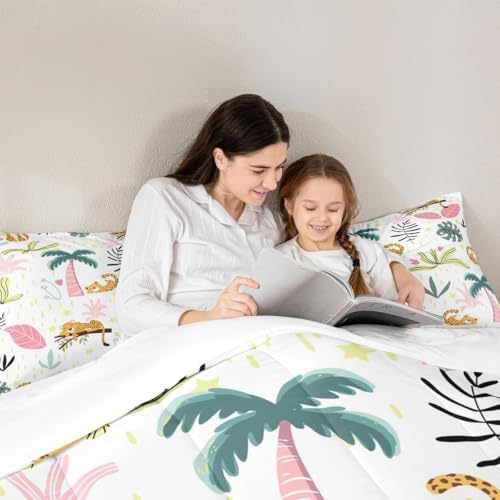 Image of Feelyou Leopard Comforter Set Toddler Size Kids Toddler, Cute Leopard Comforter Set Toddler Size Cartoon Cheetah Print Comforter Tropical Plants Duvet Set Durable Quilt Set
