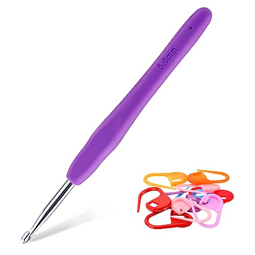 Lusofie 5mm Häkelnadel Bunt Häkelnadeln Mit Ergonomischem Softgriff mit 10 Stück Maschenmarkierern Häkelnadel Set für Anfänger