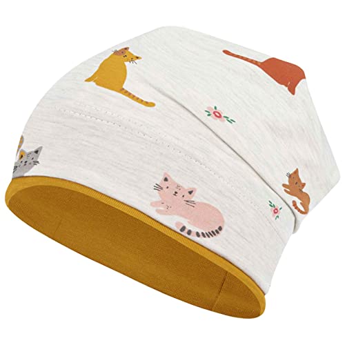 Smarilla Mädchen Mütze Übergangsmütze Beanie Pferde Katzen Punkte Frühling Herbst, Bekleidungsgröße: 50-52, Farbe: Ecru-Senfgelb