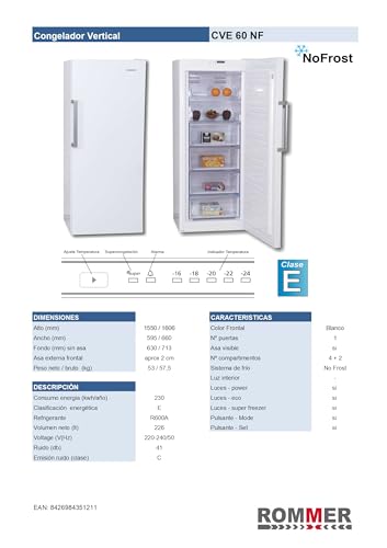 Congelador Vertical Rommer CVE 60 NF, Capacidad 226 Litros, Color Blnaco, No Frost - imagen 2