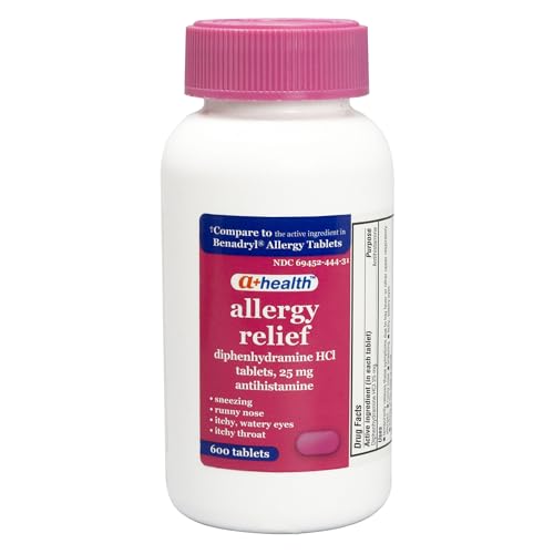 A+Health Allergy Relief Diphenhydramine HCl 25mg Tablets 600 Count Antihistamine for Relief of Runny Nose Sneezing Watery Eyes Large Value Size Bottle for Adults and Children 6 Years and Up