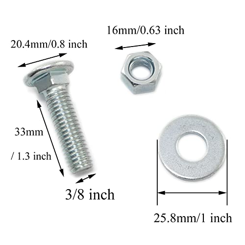 Image of 10pcs 3 /8-16 x 1-1 /2 inch Carriage Bolt with 3 /8-16 Hex Nuts and Flat Washers SAE, Round Head Square Neck Bolts