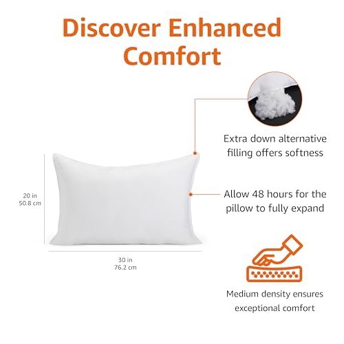 Image of Amazon Basics Down Alternative Bed Pillow, Medium Density for Back and Side Sleepers, Queen - Pack of 2, White, 30 in L x 20 in W