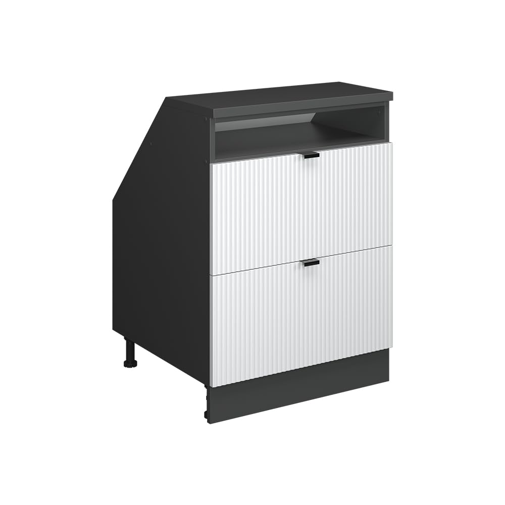 Vicco Kitchen cabinet for sloping roofs Raul, White corrugated, 60 cm with 2 drawers, cabinet carcass 60 cm depth, for flexible combination within modular kitchen systems