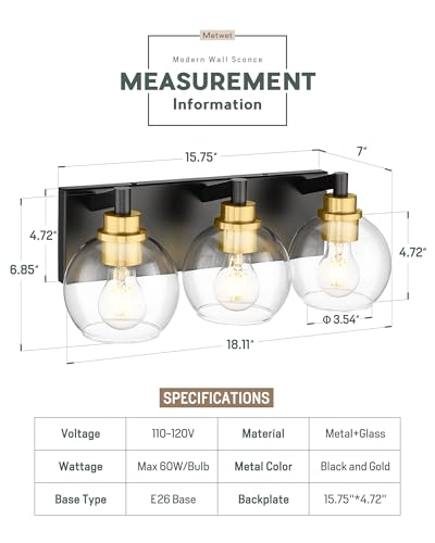 Image of 3-Light Bathroom Vanity Light, Black and Gold, VL195-KG-3 | 18 Inch, Metal Frame, Modern Wall Sconces with Globe Clear Glass Shade, Bathroom Light Fixtures Over Mirror, E26 Base