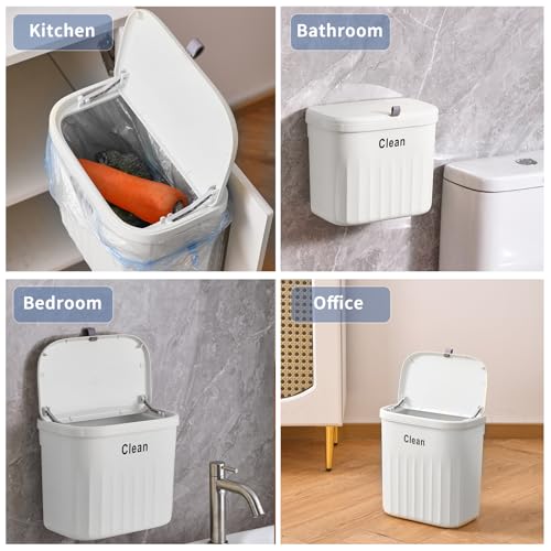 Image of Hanging Trash Can with Lid, 2.2 Gallon Kitchen Garbage Bin Food Waste Container Kitchen Compost Bin Wall Mounted Trash Can for Kitchen, Cupboard, Bathroom, Bedroom, Office, Under Sink - White