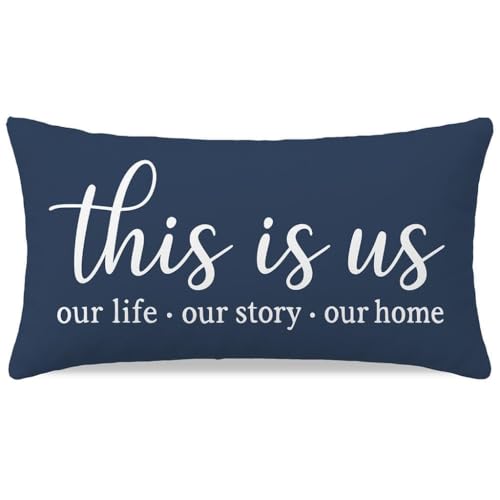HERHOME Decorative Pillow Cover 12x20 Inch, Navy Blue Lumbar Cushion Case with This is Us Quote for Living Room Bedroom Bed Sofa Home Decor, Gifts for Housewarming Wedding Anniversary Family